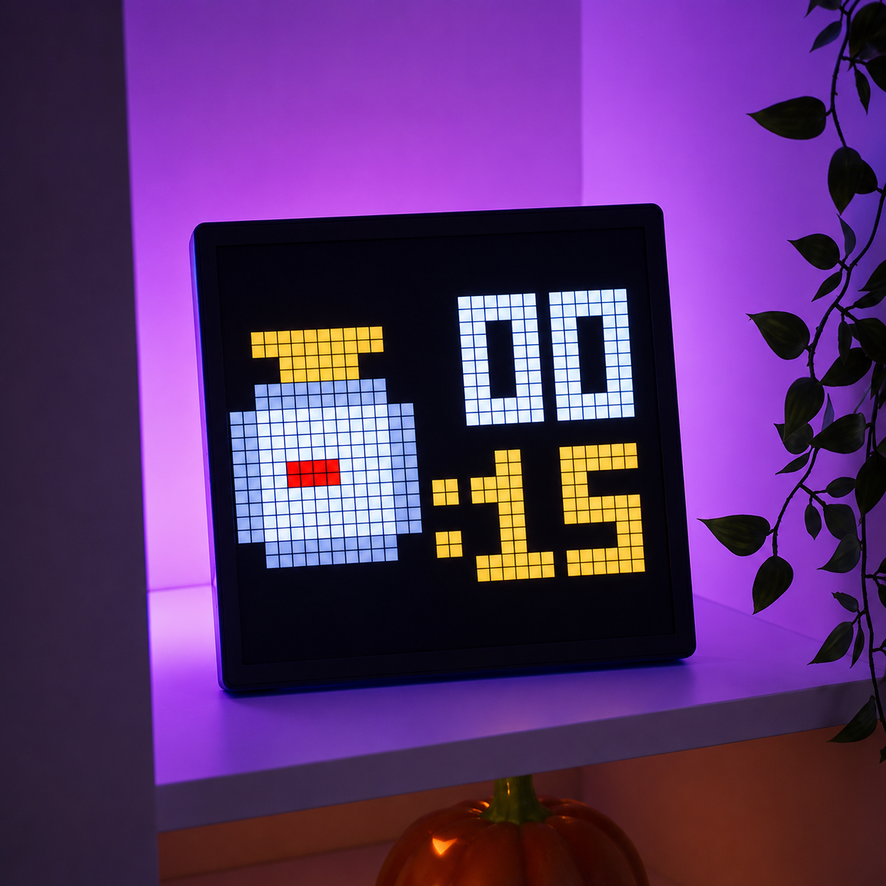Pixel art frame showing a retro drink animation in a purple desk setup