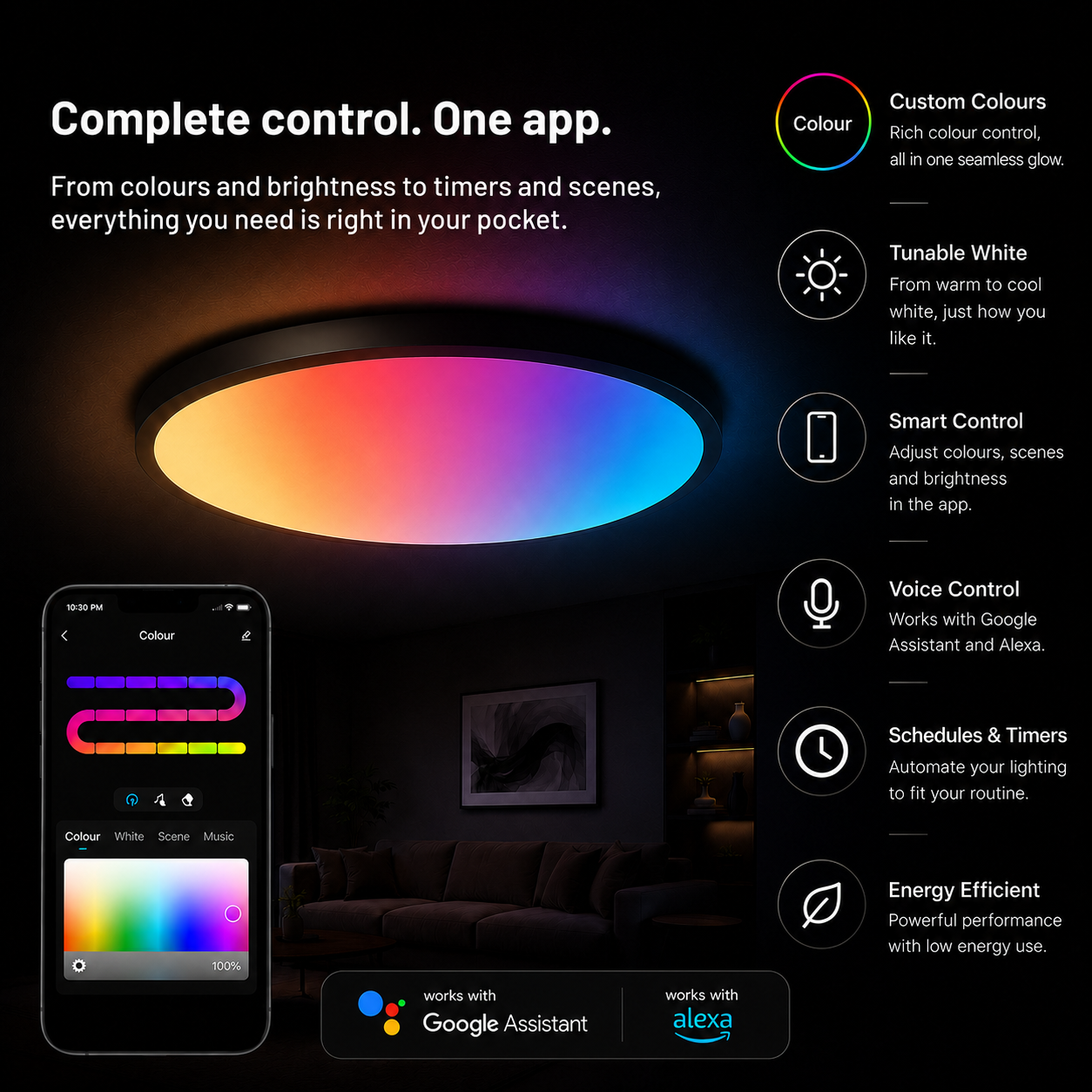 Smart ceiling light feature graphic showing app control, tunable white, voice control and timers