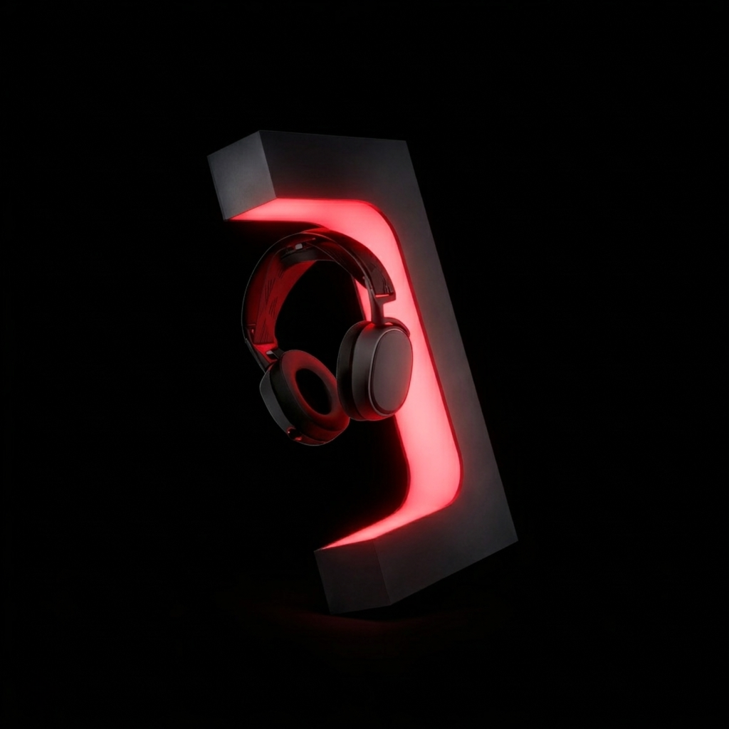 Premium headset levitation display showcasing gaming headphones in mid-air, creating a unique focal point for desk setups.
