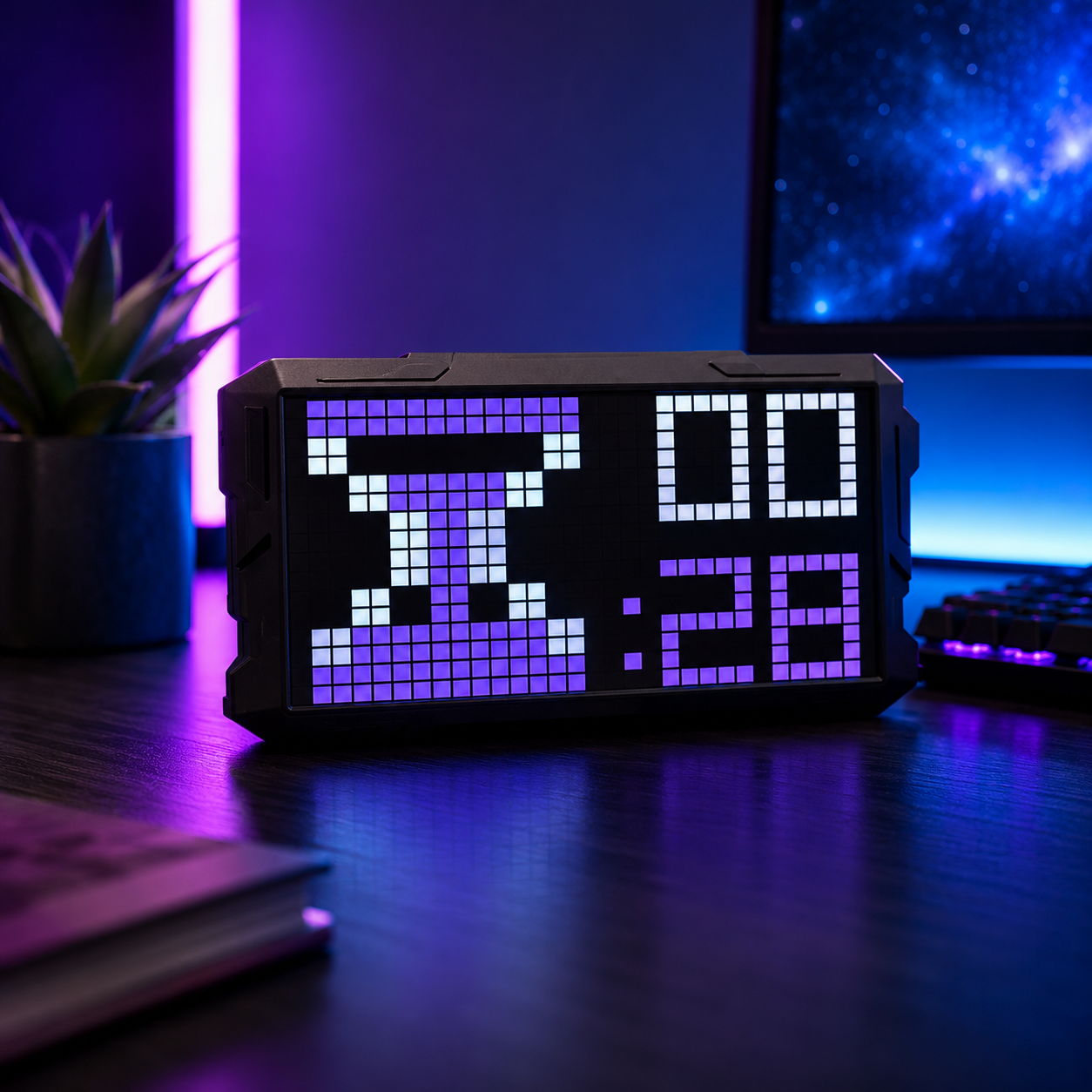 Programmable pixel display showing a digital clock and pixel art on a gaming desk