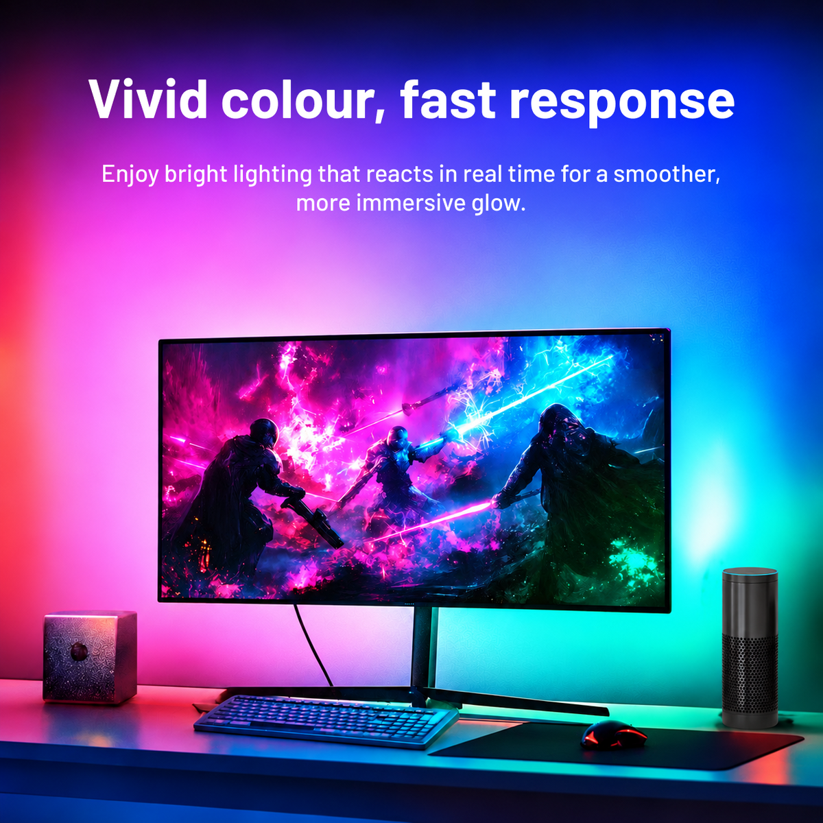 Bright RGB monitor backlight reacting to colourful on-screen content behind a gaming monitor