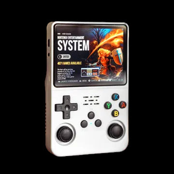 Handheld gaming console with a screen displaying 'Nintendo Entertainment System' on a wooden surface.