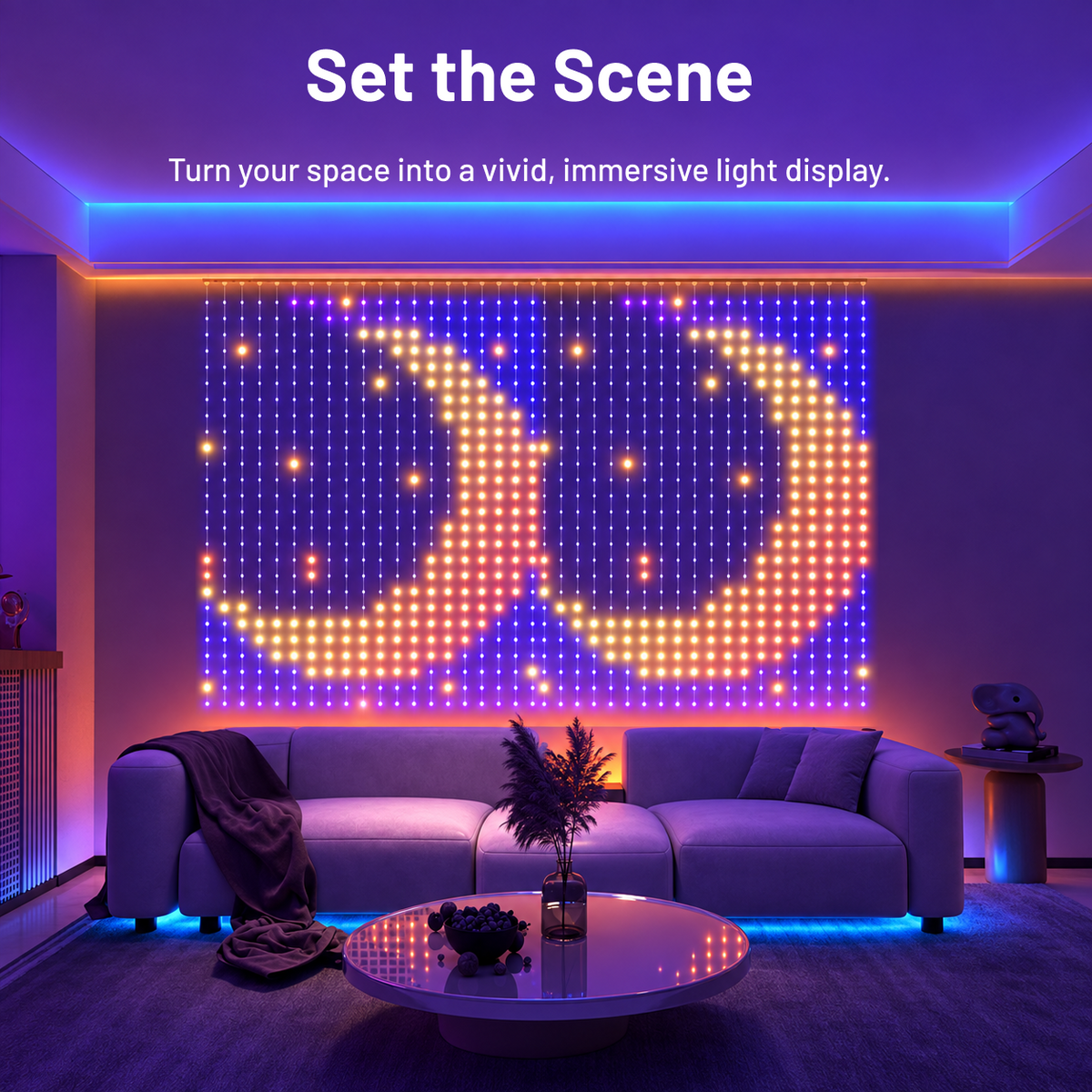 RGB curtain lights creating a colourful moon and stars display in a living room