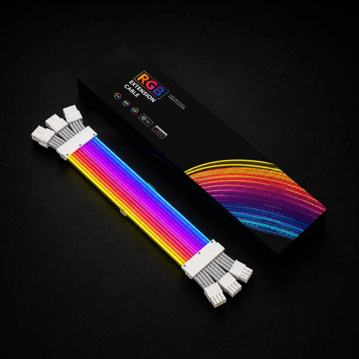 RGB dual 8-pin GPU extension cable shown with product packaging