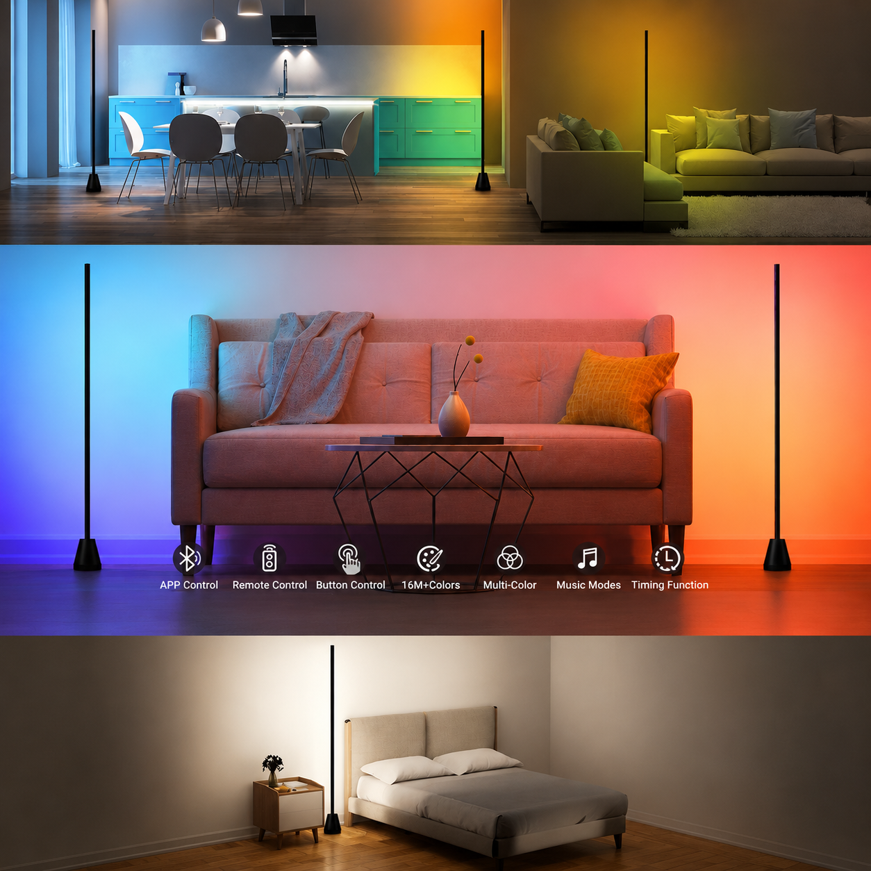 Modern RGB floor lamp illuminating a room with colourful ambient light