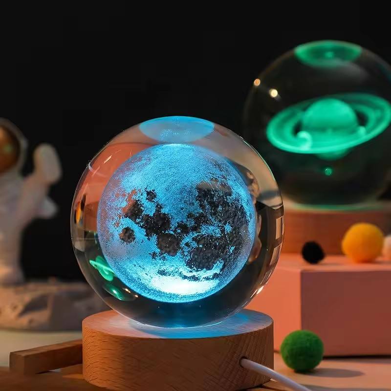 Blue RGB crystal ball lamp with wooden base for colorful ambient room lighting