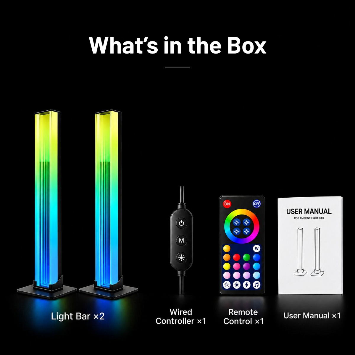 Zyko RGB gaming light bars 2 pack with remote, wired controller and instruction manual.
