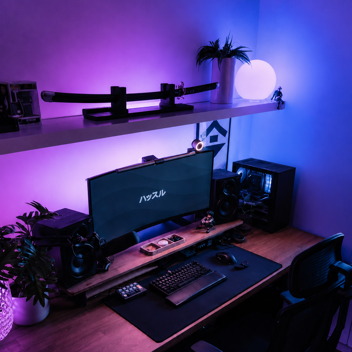 RGB katana blade wall light with smoke effect creating immersive ambient lighting for gaming rooms