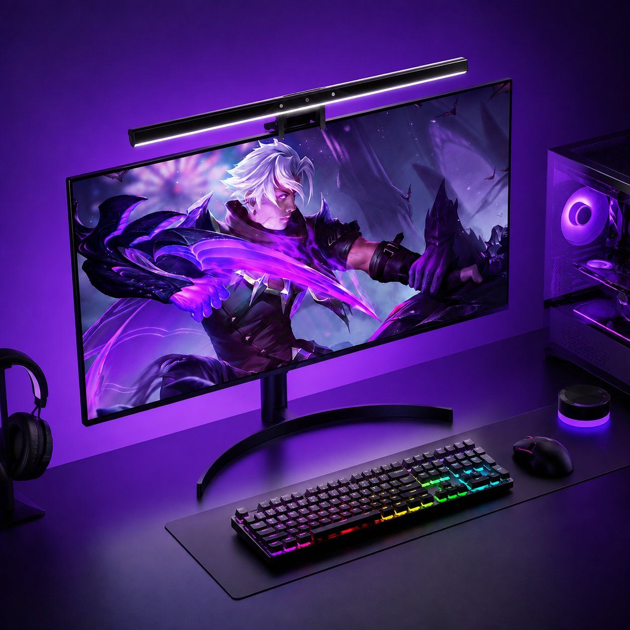 RGB monitor light bar installed above an ultrawide gaming monitor with purple ambient backlighting