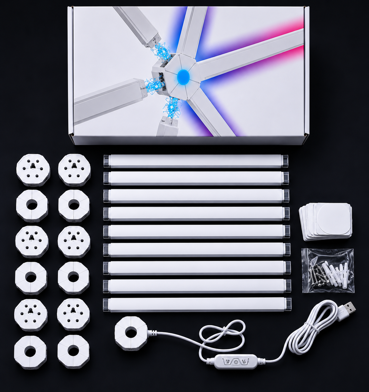 Lighting kit components including tubes, connectors, and control unit on a black background