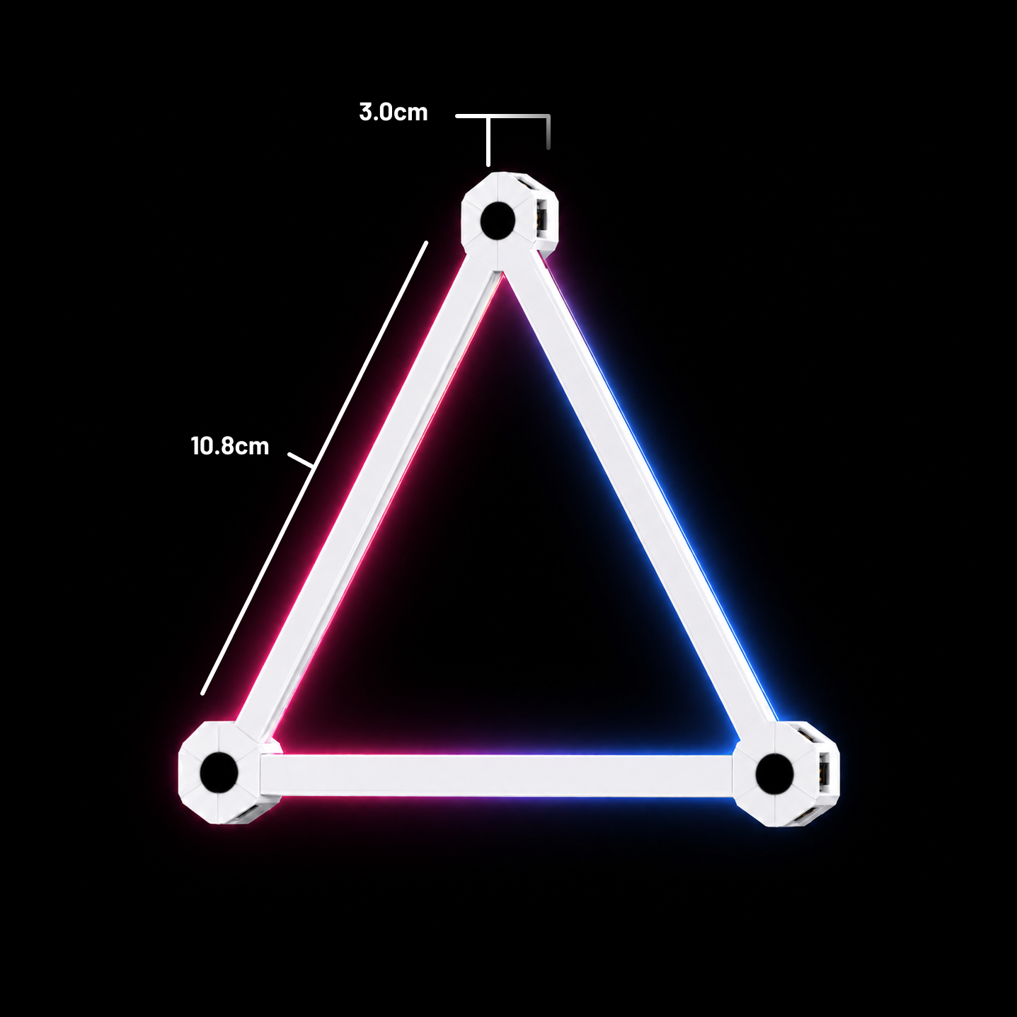 Neon triangle light with measurements on a black background