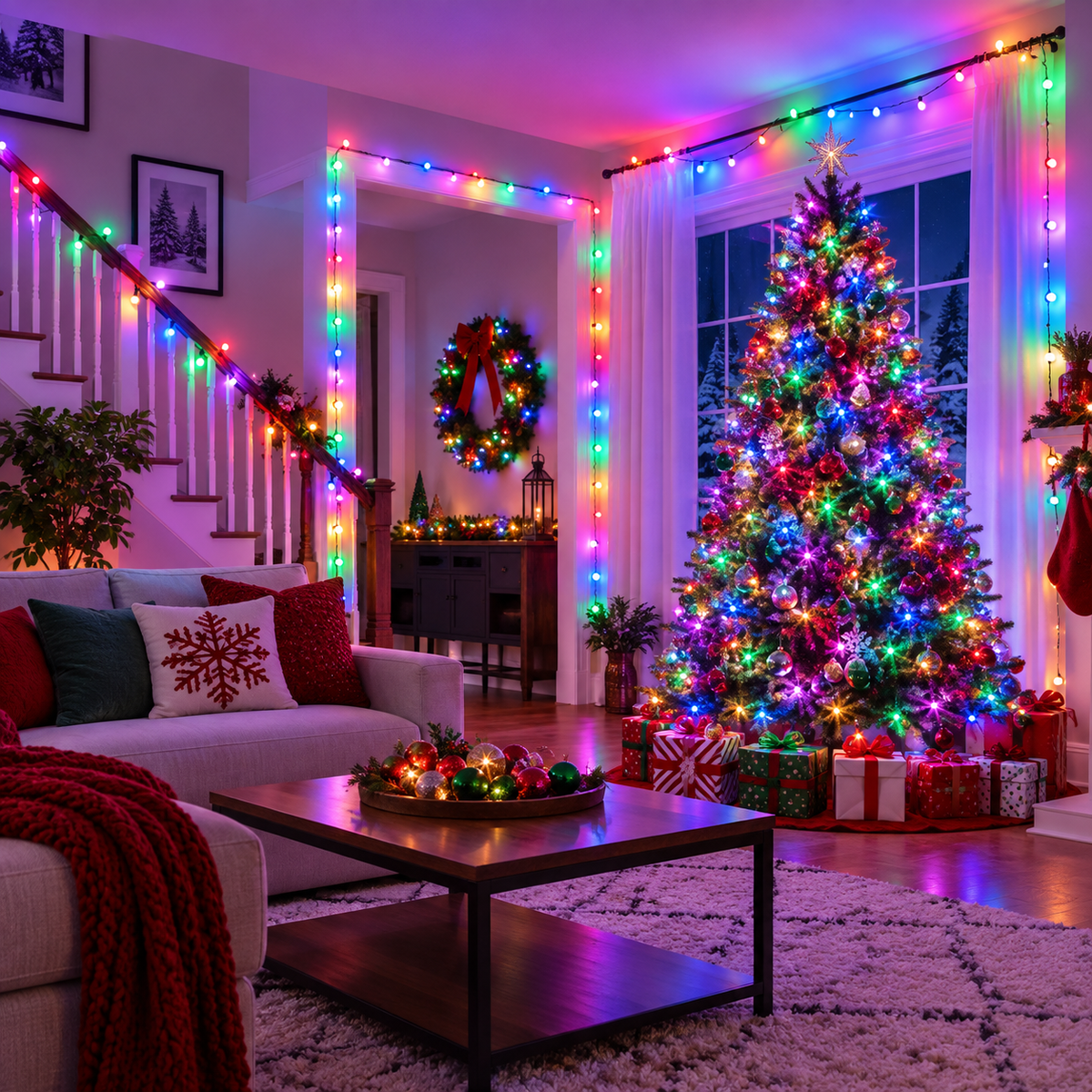 RGBIC Christmas lights decorating a Christmas tree and festive living room