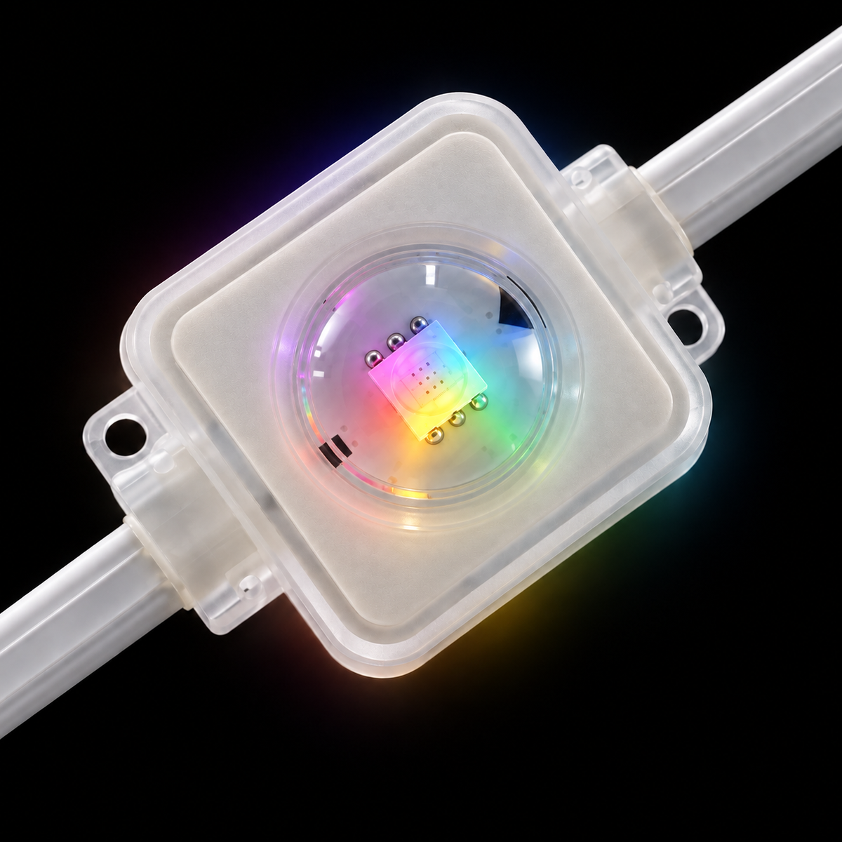 Close-up of an RGBIC eaves light module producing vivid colour for permanent outdoor roofline lighting.