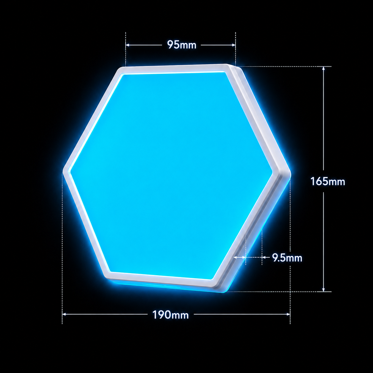 RGBIC hexagon light panel dimension guide showing 190mm width, 165mm height, 95mm edge length, and 9.5mm thickness on a black background.