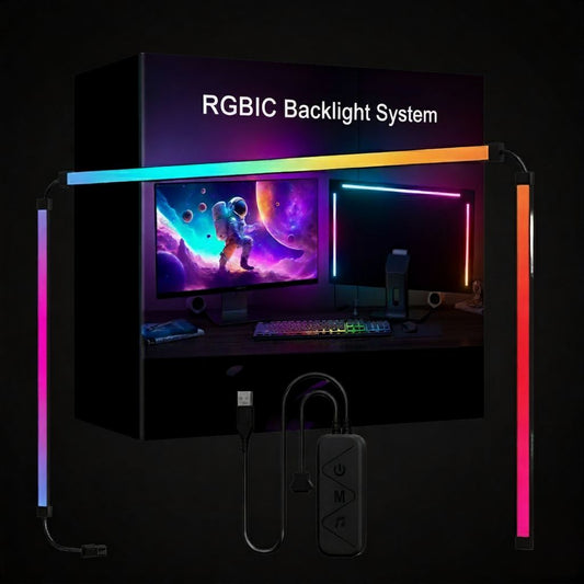RGBIC LED strip lights setup behind a gaming monitor showing vivid colour effects with easy USB connection.