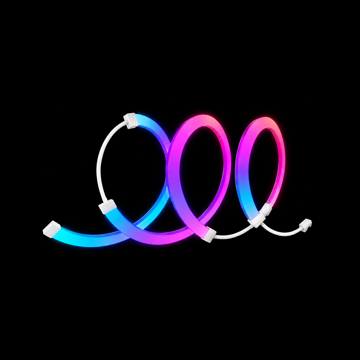 A flexible LED neon tube light with a white connector housing, shown coiled in a loop and laid out in two parallel curves. The tube features a vibrant gradient that transitions from pink/magenta on one end to blue/cyan on the other.