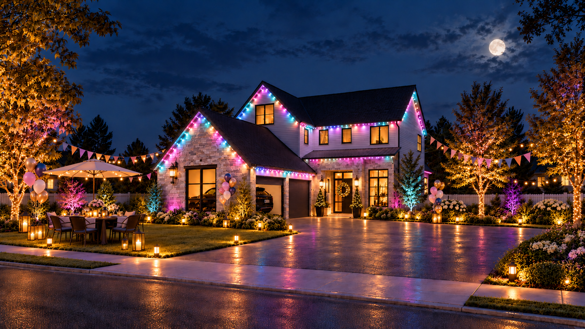 RGBIC outdoor eaves lights creating colourful party lighting around a house