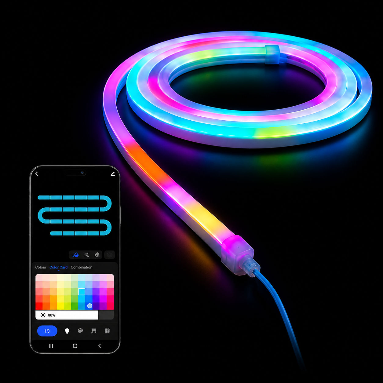 RGBIC rope light creating custom wall lighting designs with smooth colour transitions, perfect for gaming rooms, bedrooms and modern ambient decor.