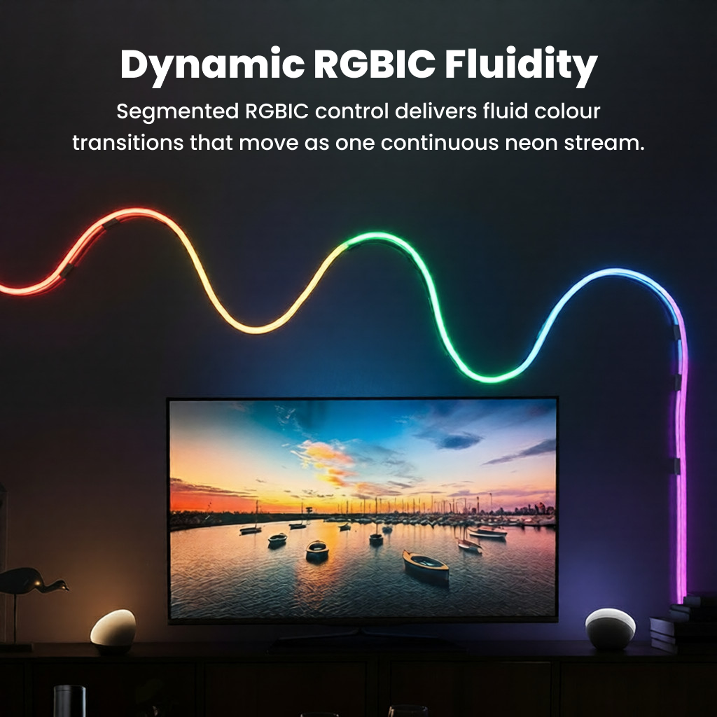 RGBIC rope lights showing dynamic color flow behind a TV setup