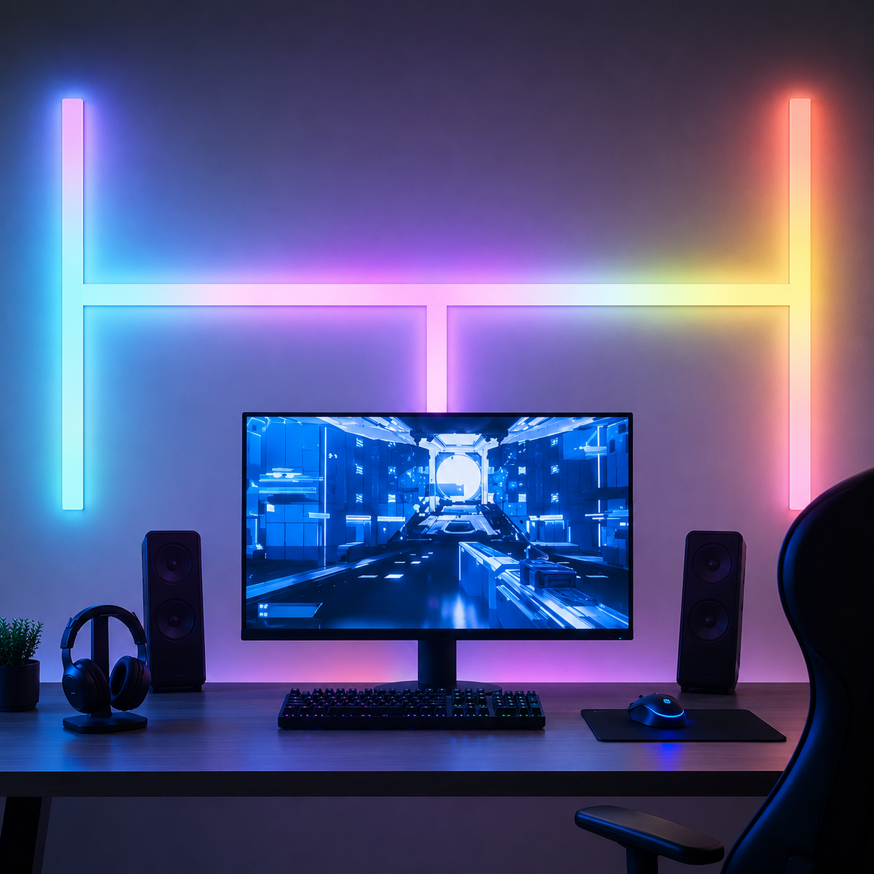 RGBIC wall light bars in a gaming room setup with custom wall pattern and colourful ambient lighting.