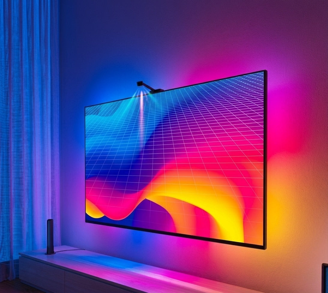 Screen sync TV lights adding responsive ambient colour behind the television, creating a more immersive living room entertainment experience.