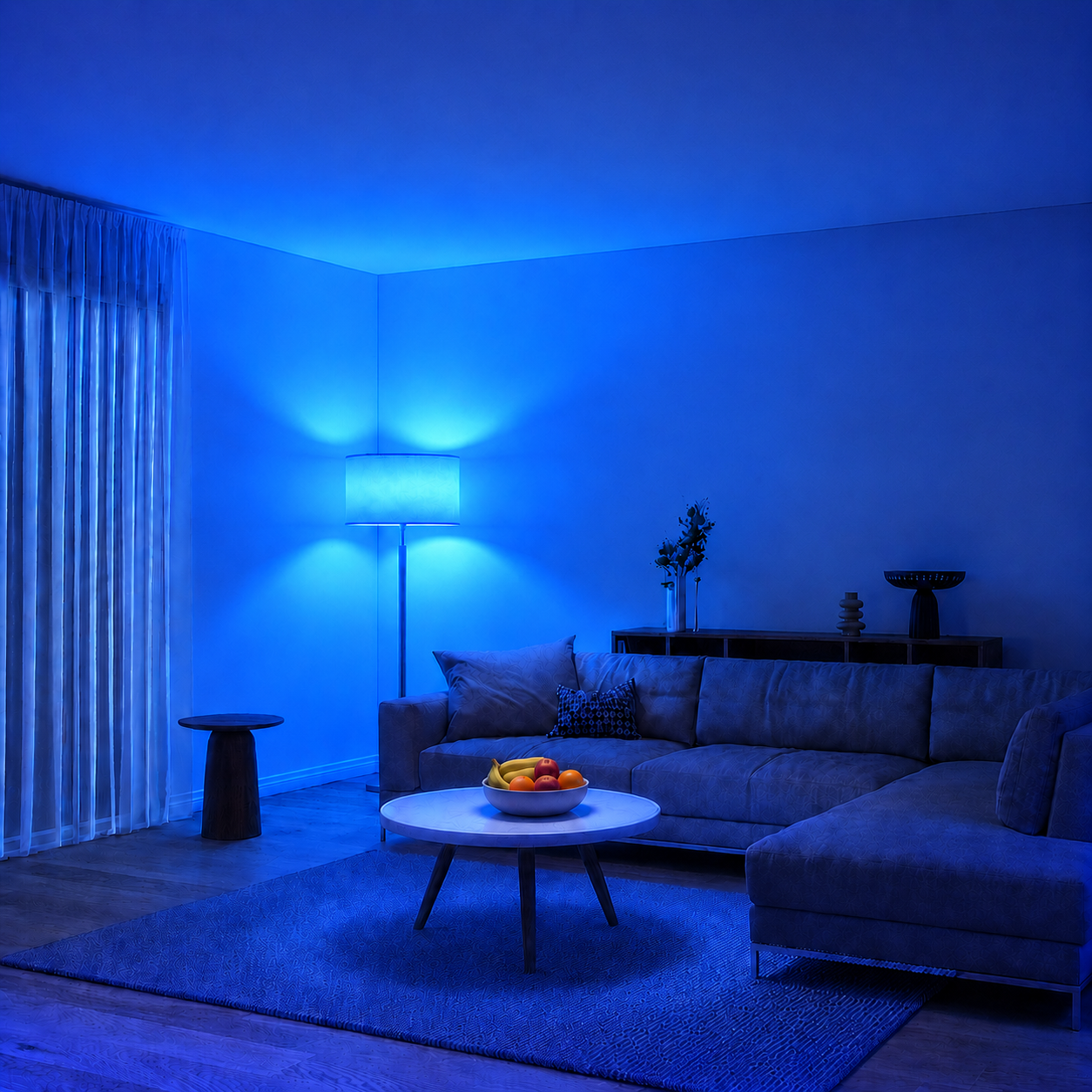 Smart bulb E27 WiFi lighting creating blue ambient light in a modern living room