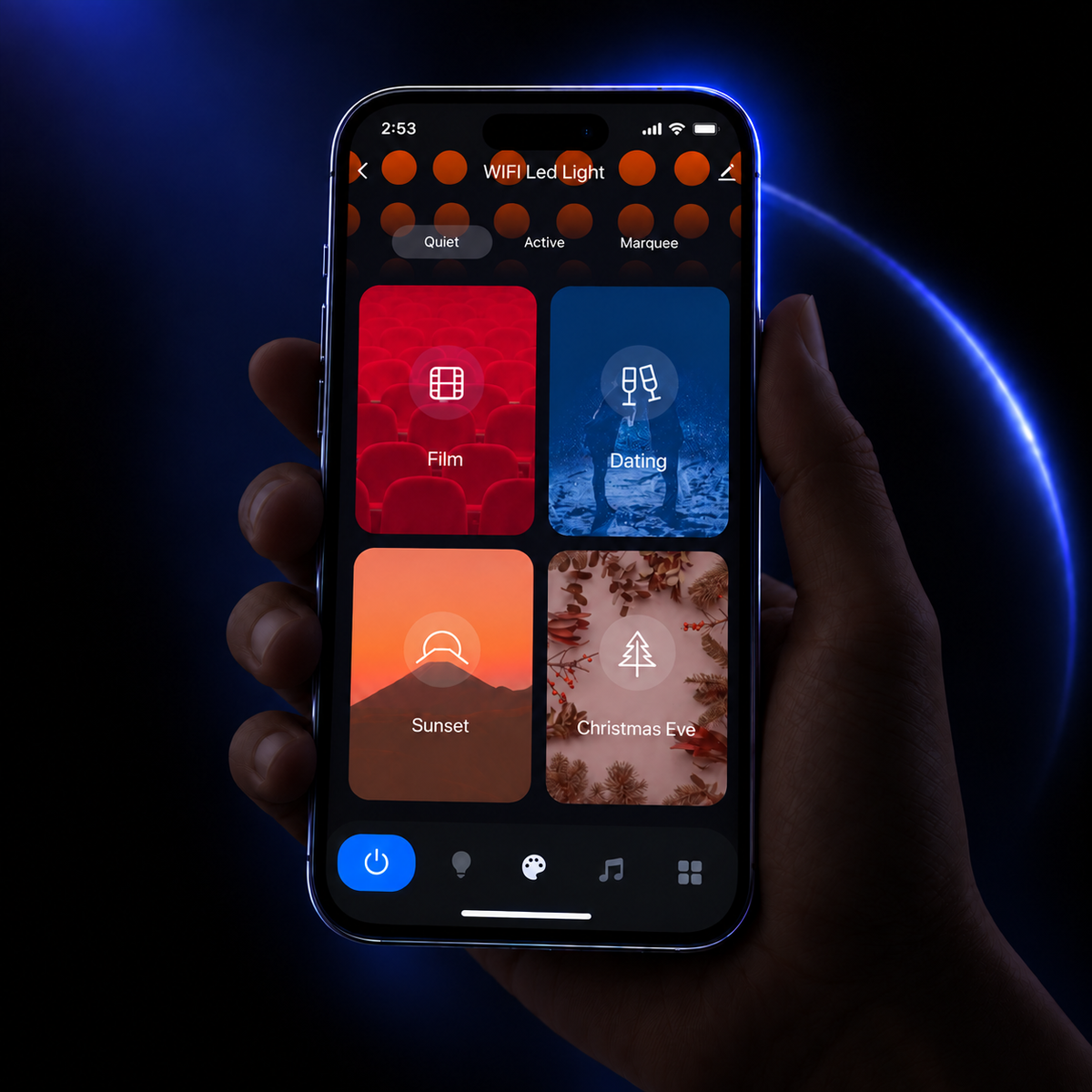 Smart Christmas lights controlled through the Tuya app with preset lighting scenes