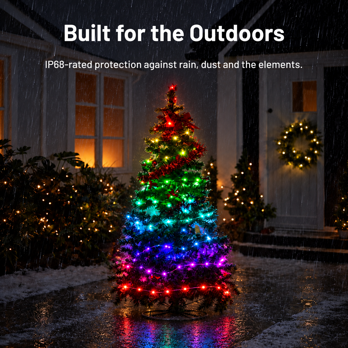 Smart colour-changing Christmas tree lights displayed outdoors in the rain