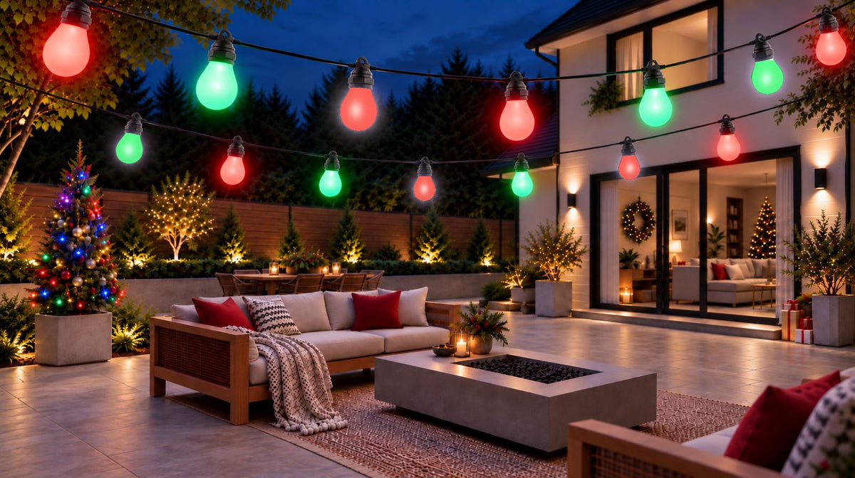 Smart festoon lights displaying red, green and white colours across a Christmas patio