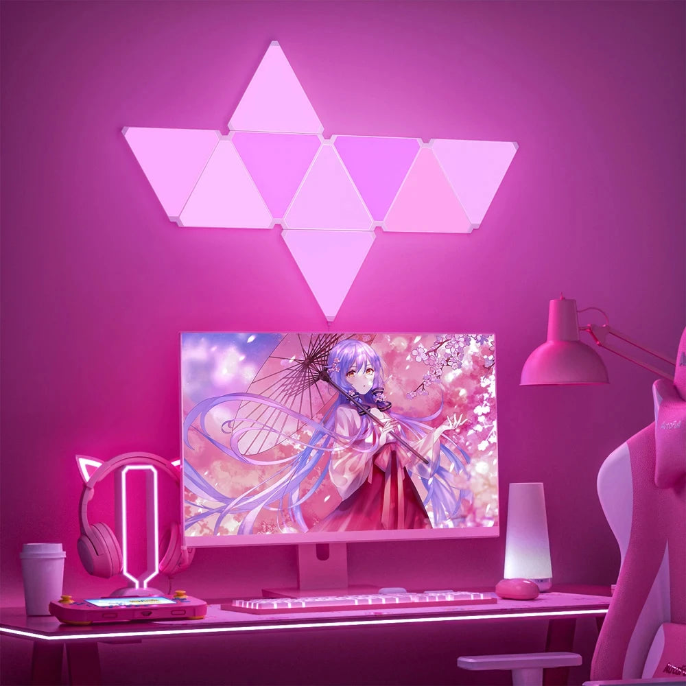 Smart geometric light panels adding colourful room ambience with modular layouts and dynamic RGB lighting effects.