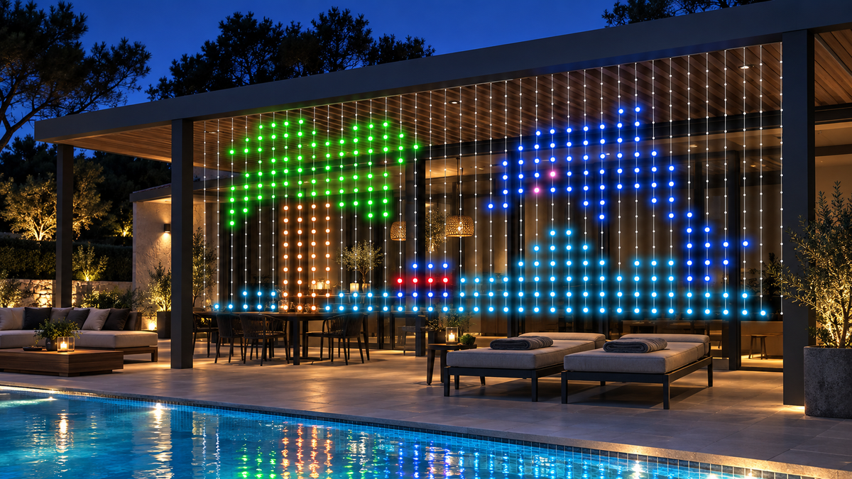 Smart LED curtain lights displaying colourful custom designs across a covered patio