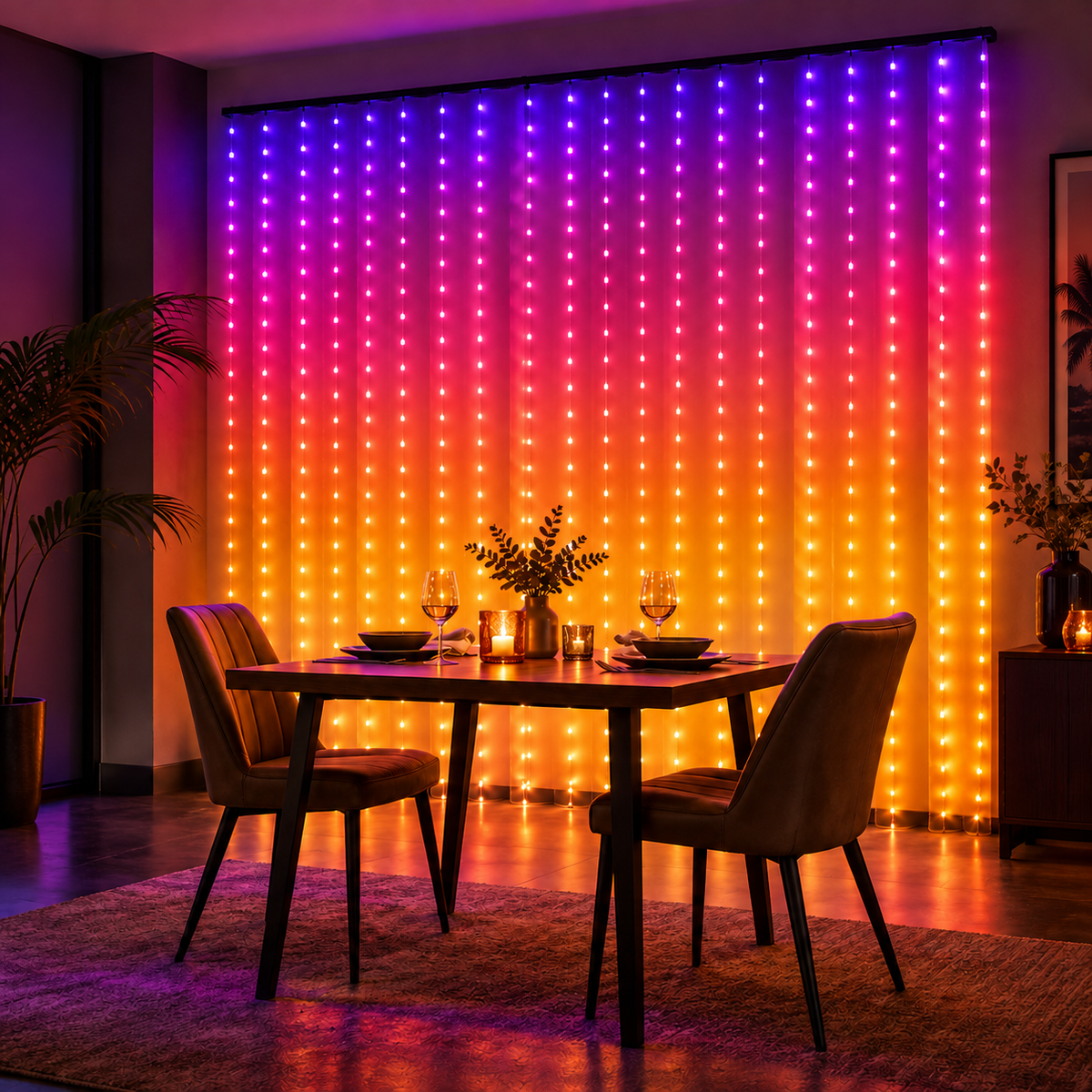 Smart LED curtain lights creating a colourful backdrop in a dining room