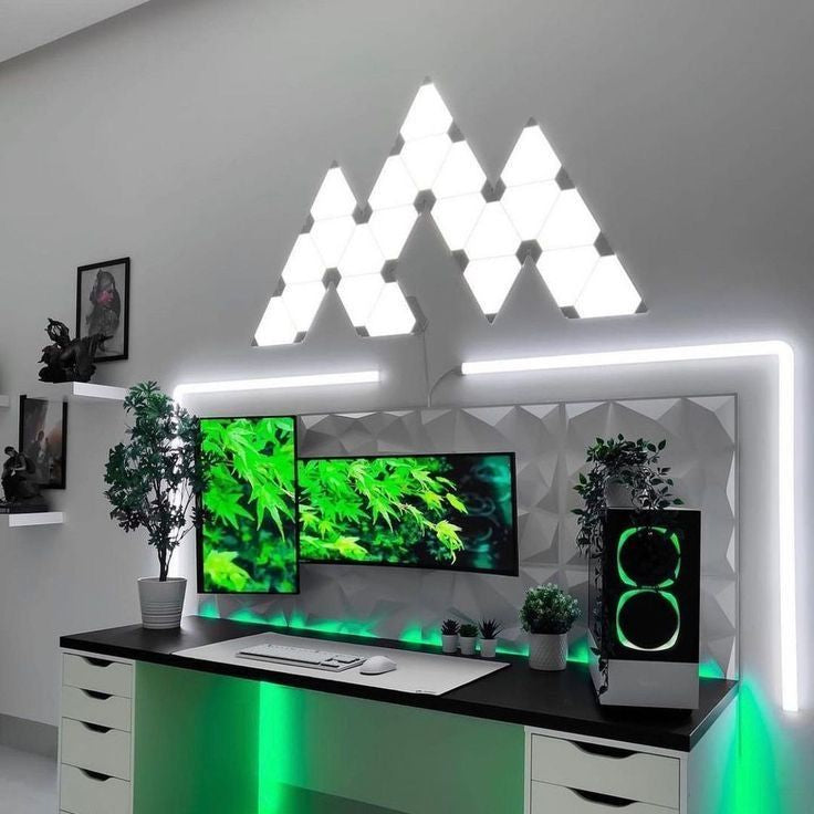 Smart LED wall panels arranged in geometric layout above gaming setup for dynamic lighting