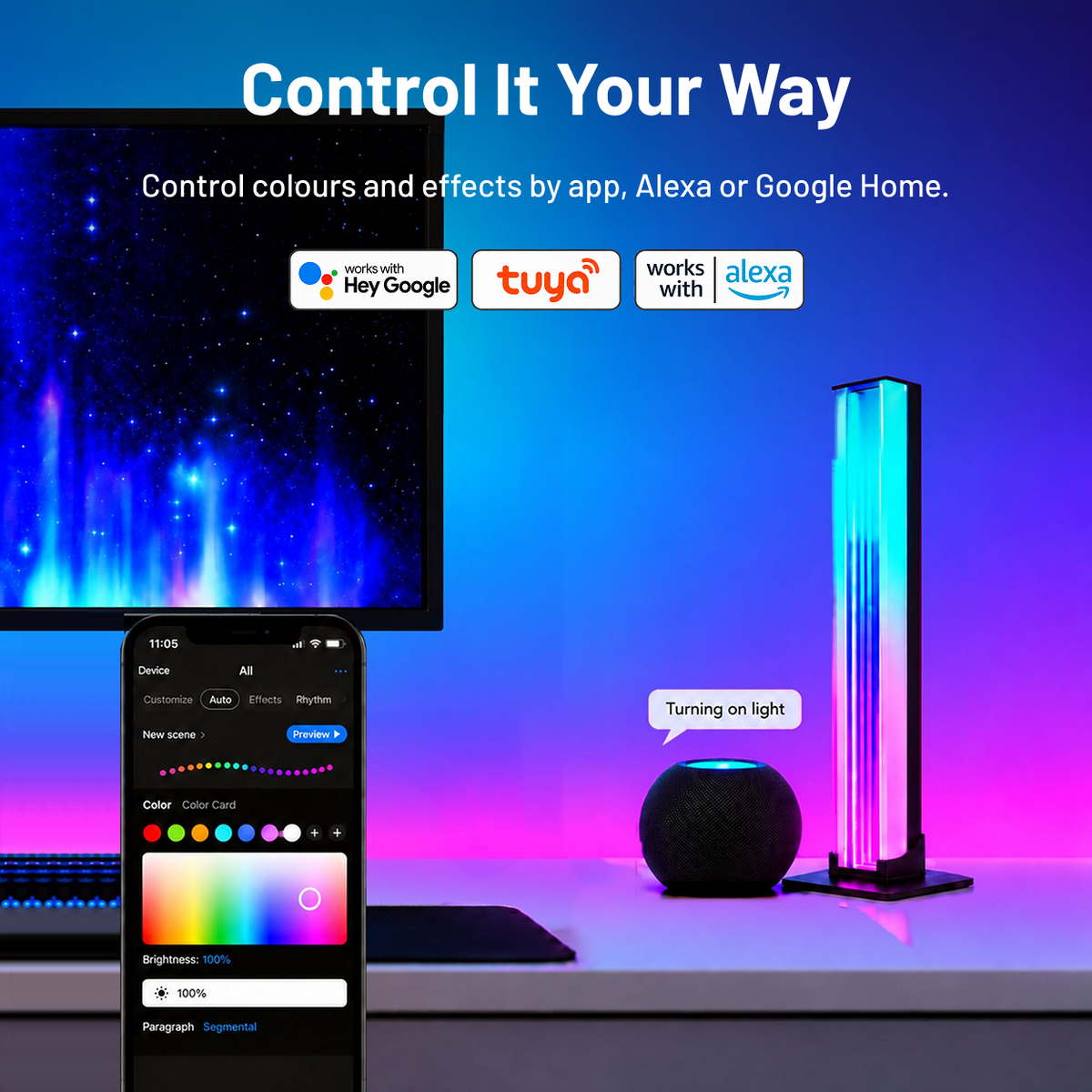 Smart light bars controlled through the app, remote, Alexa and Google Home.