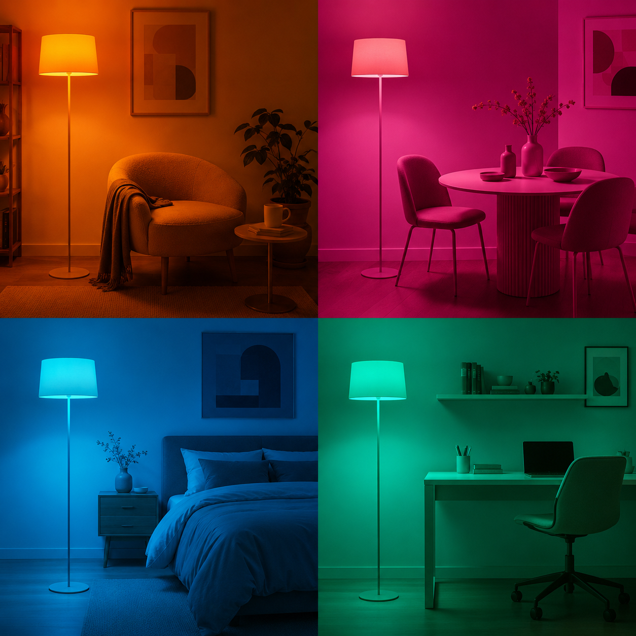 Smart RGB+CCT bulb showing orange, pink, blue and green colour modes for bedroom, dining, work and living spaces