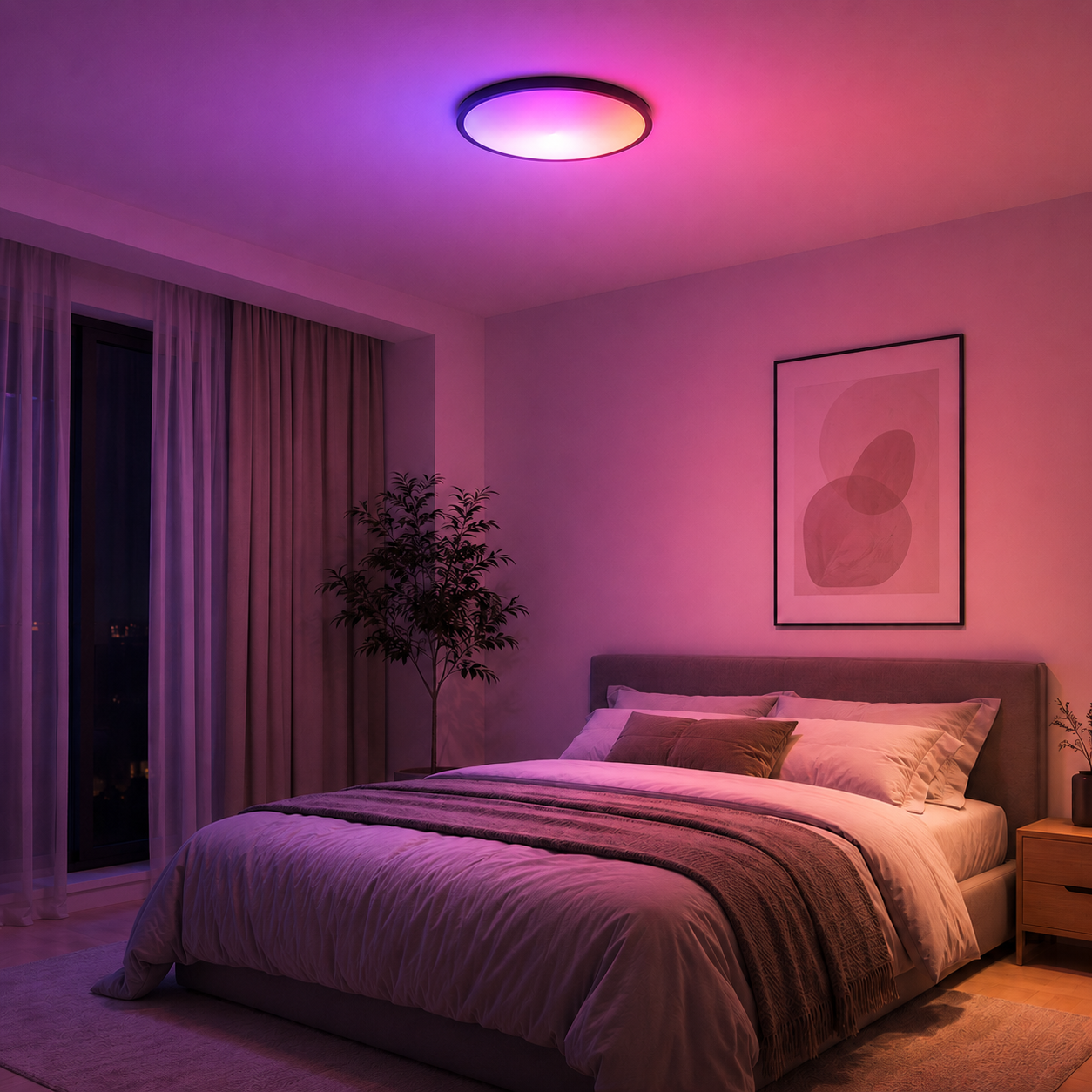 Modern bedroom illuminated by the Zyko Smart RGB Ceiling Light with adjustable colour changing ambient lighting and warm white illumination.