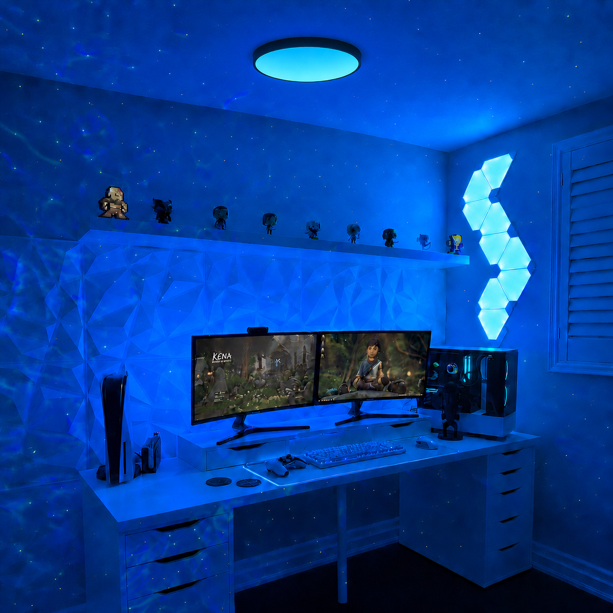 Modern gaming room illuminated by the Zyko Smart RGB Ceiling Light with immersive blue ambient lighting.
