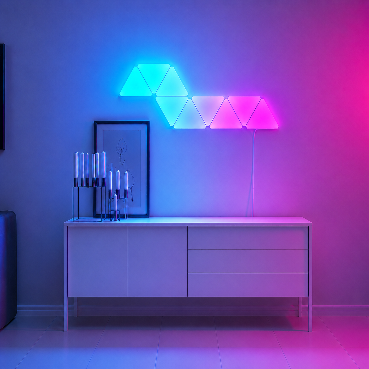 Smart triangle light panels forming an RGB wall display, bringing customisable ambient lighting and modern style to gaming and streaming setups.
