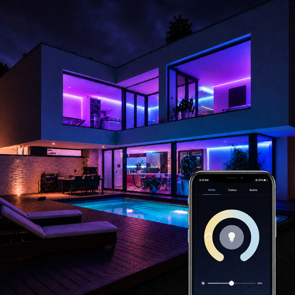 Smart WiFi bulb app colour control showing adjustable RGB lighting, brightness and warm-to-cool white settings from a phone