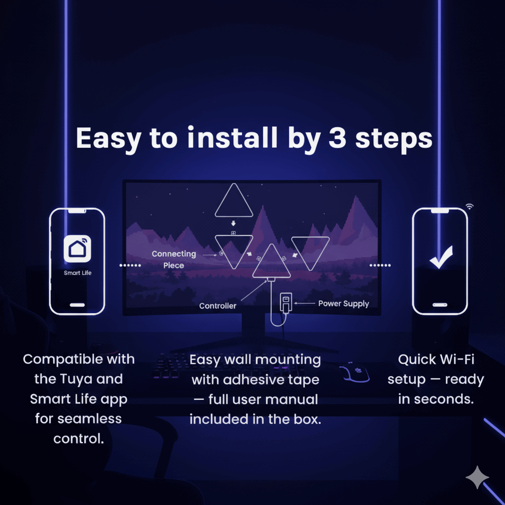 Easy installation guide showing Zyko Spectra Panels setup with Smart Life app, controller, and wall mounts