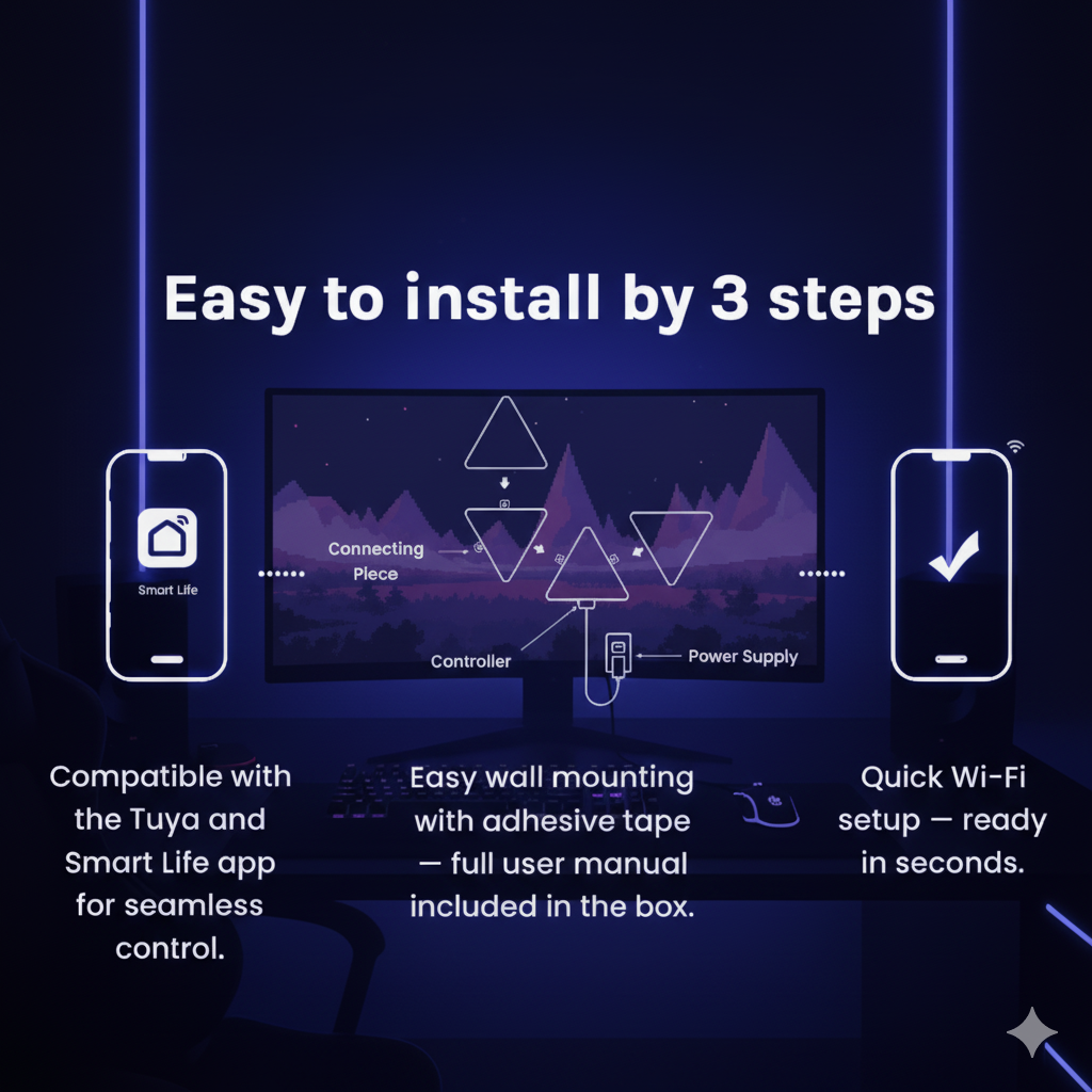 Easy installation guide showing Zyko Spectra Panels setup with Smart Life app, controller, and wall mounts