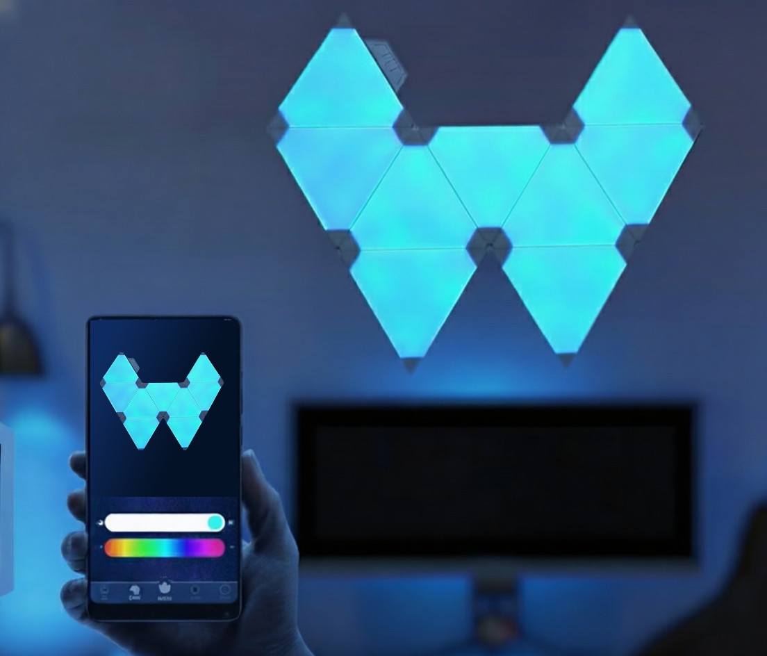 Phone showing app control for Spectra Panels smart LED wall lights with colour brightness music sync and voice control