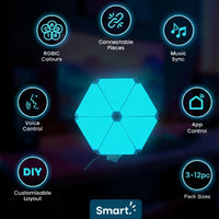Zyko Spectra Panels showing RGB colours, music sync, app control, voice control, and modular layout features