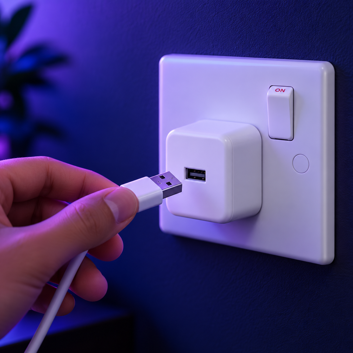 USB power cable being connected to a wall adapter for triangle LED panels