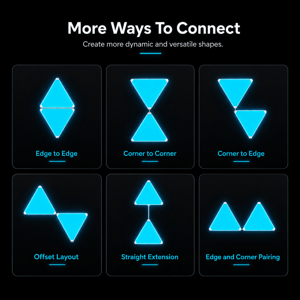 Different ways to connect triangle LED panels for custom modular wall layouts