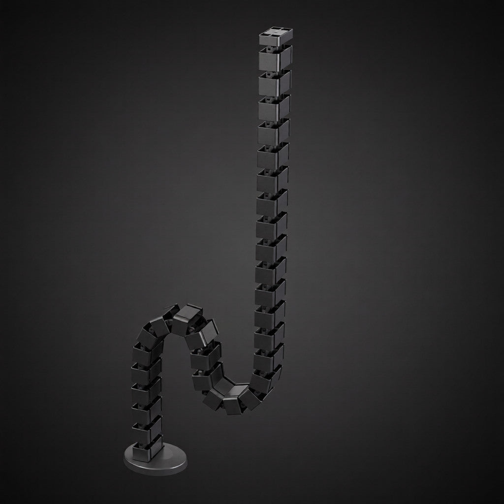 Single flexible cable management tube standing upright for clean desk cable routing