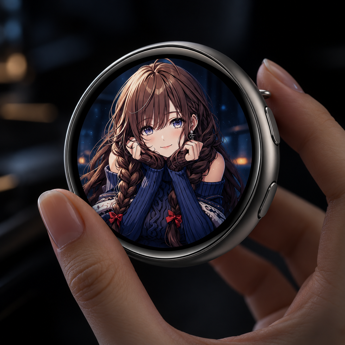 Wearable digital display showing custom anime artwork on a vibrant round touchscreen