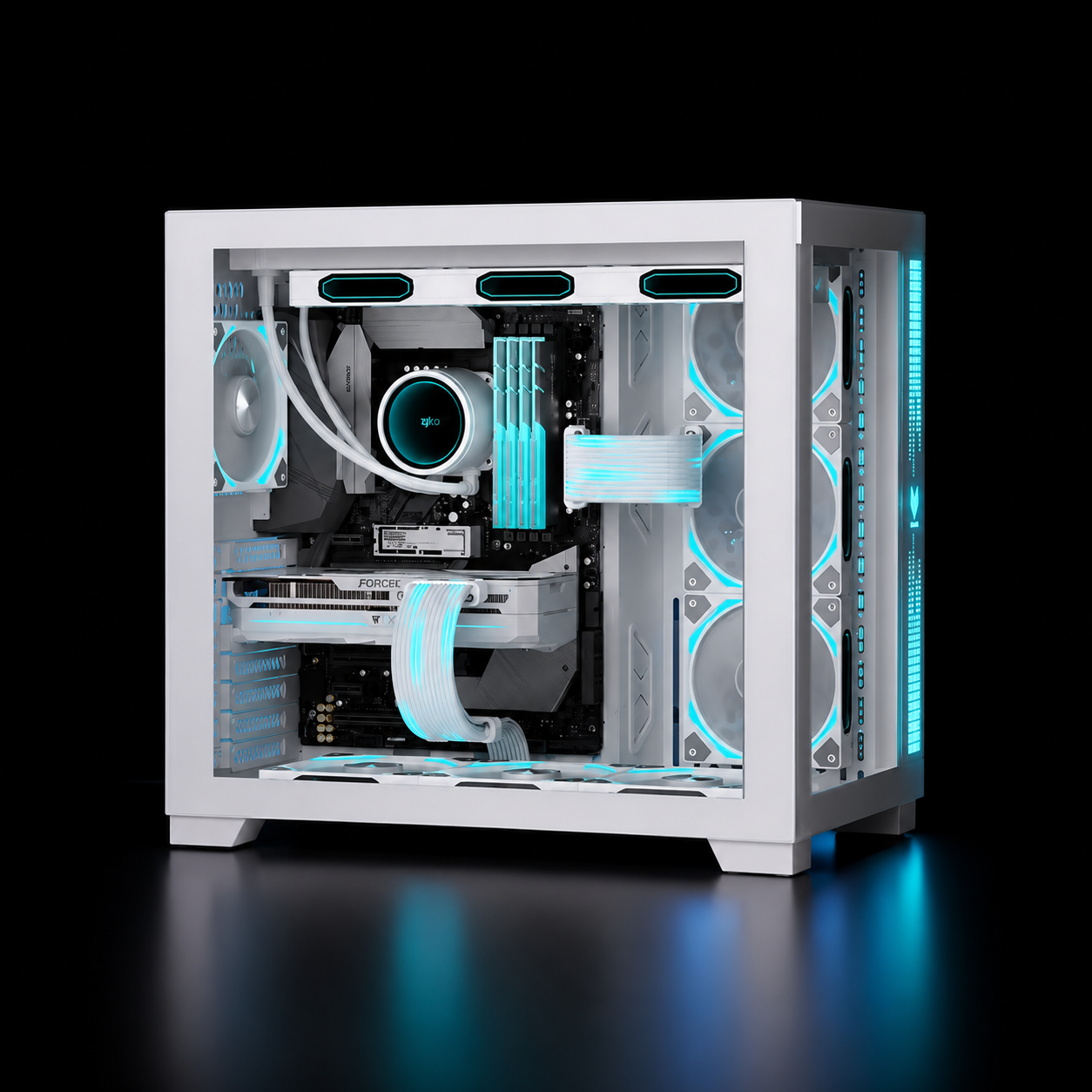 White gaming PC build with RGB cable extensions, ARGB fans and clean cable management