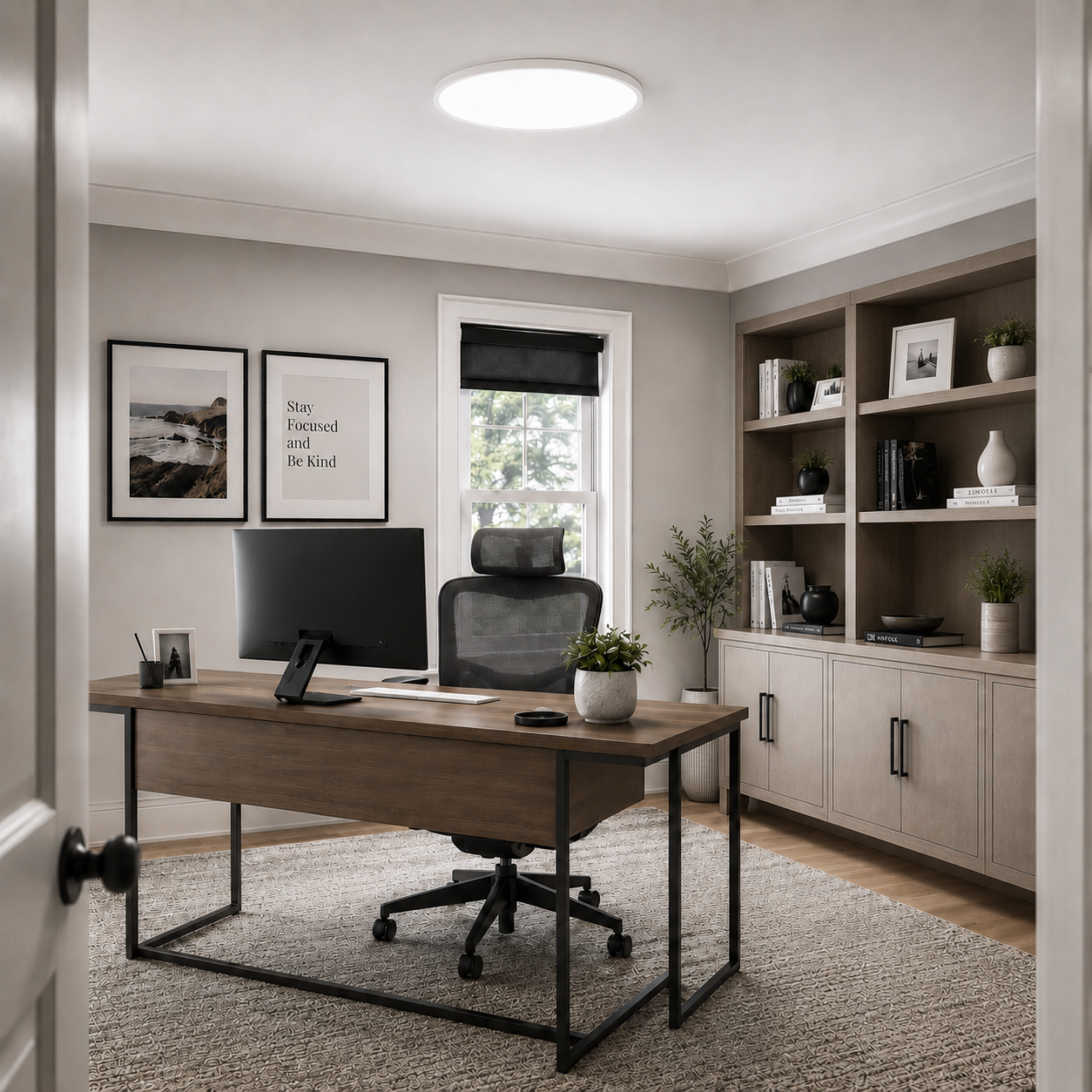 White smart LED ceiling light installed in a bright modern home office
