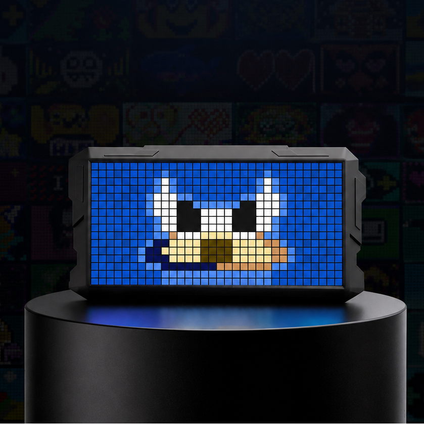 Wide LED pixel display showing a custom pixel art crown